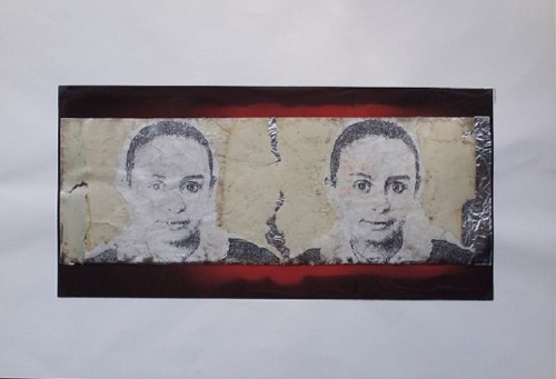 Mutazione scrittura, 1990 - collage poliestere e carta cm. 35x50        